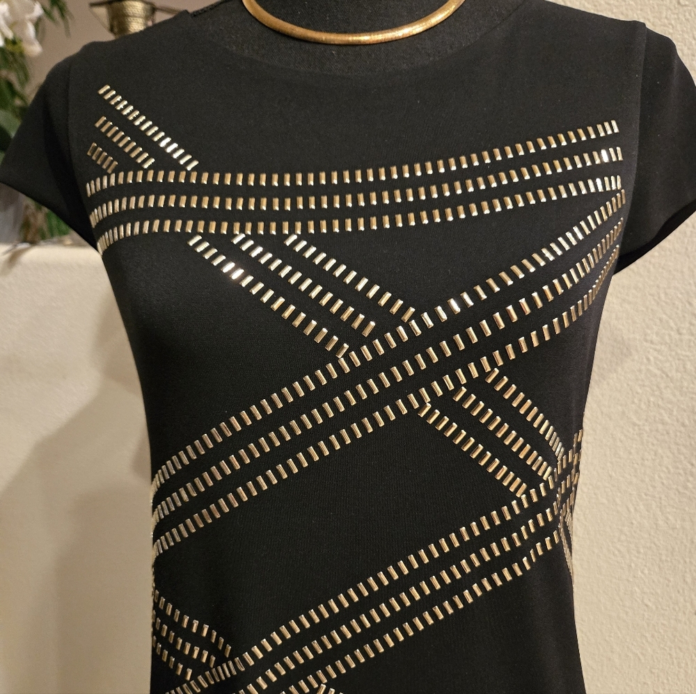 Thalia Sodi Black and Gold Studded Women's Stretch Lined Sheath Dress LIKE NEW - Picture 4 of 10